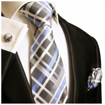 Krawatte blau Schottenmuster Seide mit Einstecktuch und Manschettenknöpfe 991