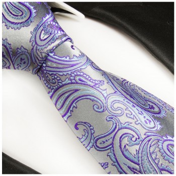 Paul Malone XL Krawatte 165cm silber lila paisley Seidenkrawatte 996