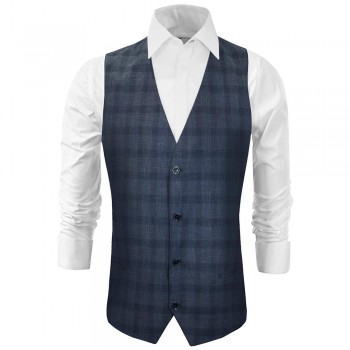 Herren Weste blau grau kariert - Slim Fit - Anzug Weste für Männer
