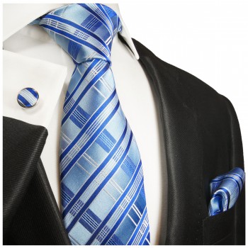 Krawatte hellblau und dunkelblau mit Einstecktuch und Manschettenknöpfe gestreift 2018