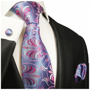 Krawatte blau pink mit Einstecktuch und Manschettenknöpfen geblümt 1011