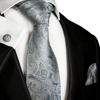 Krawatte grau blau paisley mit Einstecktuch 2000