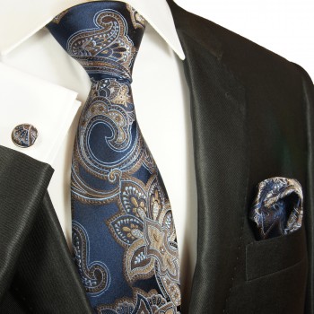 Krawatte blau braun gold mit Einstecktuch und Manschettenknöpfe paisley Seide 2043