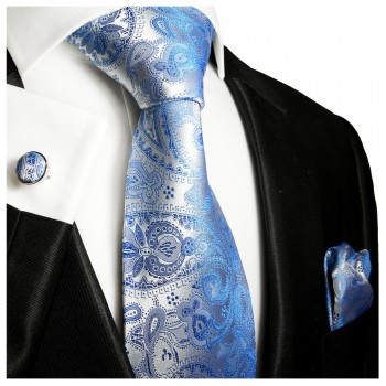 Krawatte blau paisley mit Einstecktuch und Manschettenknöpfe 428