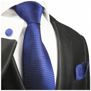 Krawatte royal blau mit Einstecktuch und Manschettenknöpfe fein kariert 2048