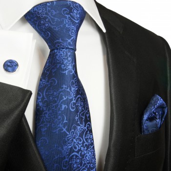 Krawatte blau barock mit Einstecktuch und Manschettenknöpfe Seide 2050