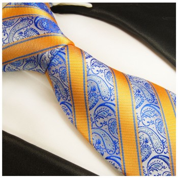 Krawatte blau orange 100% Seide gestreift paisley brokat 2002