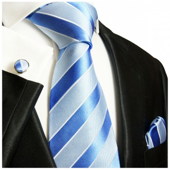 Krawatte blau gestreift hellblau und dunkelblau mit Einstecktuch und Manschettenknöpfe 763