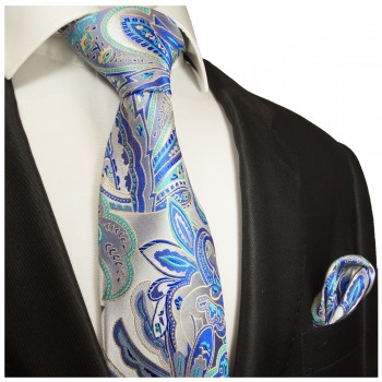 Krawatte silber mit Einstecktuch blau paisley brokat 2019