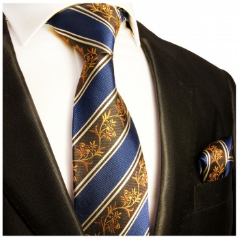 Krawatte blau mit Einstecktuch gold braun floral gestreift Seide 390