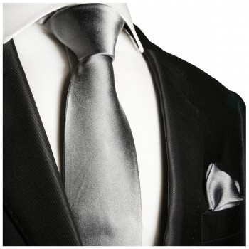 Krawatte silber grau uni satin Seide mit Einstecktuch