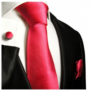 Krawatte pink uni Seide mit Einstecktuch und Manschettenknöpfe