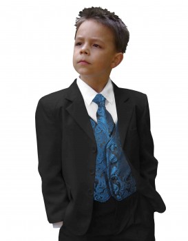 Festlicher Kinderanzug schwarz uni + petrol blaue Weste mit Krawatte
