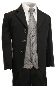 Boys tuxedo suit black + gray vest set KA20+KV30