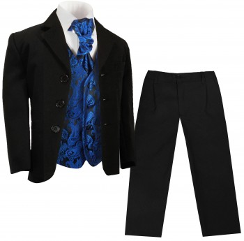 Festlicher Kinder Anzug schwarz + blaues paisley Westenset mit Plastron
