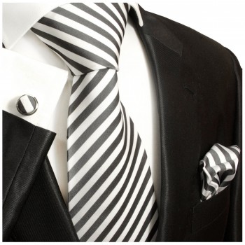 Krawatte anthrazit weiß gestreift Seide mit Einstecktuch und Manschettenknöpfe