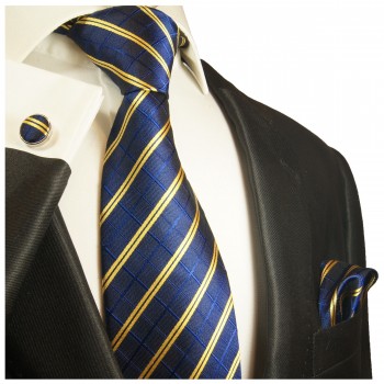 Blaue Krawatte mit Einstecktuch gelbe Streifen 2021