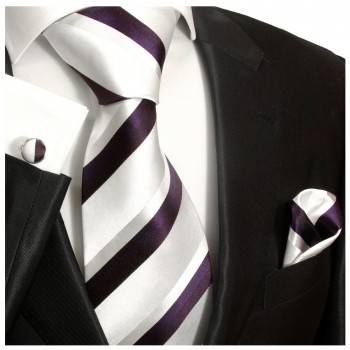 Krawatte silber weiß lila gestreift mit Einstecktuch und Manschettenknöpfe