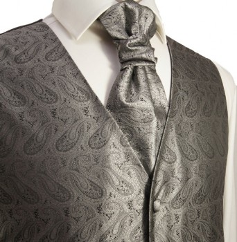 Silber graue Hochzeitsweste paisley mit Plastron Krawatte Einstecktuch und Manschettenknöpfen v30