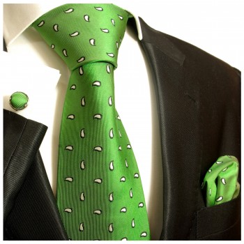 Krawatte grün mit Einstecktuch und Manschettenknöpfe