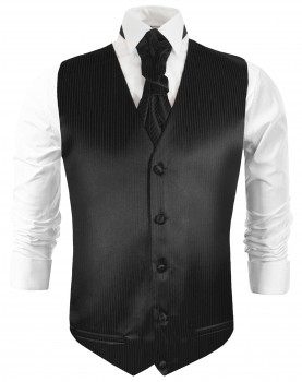 Schwarze Hochzeitsweste mit Plastron Krawatte Einstecktuch und Manschettenknöpfen v21