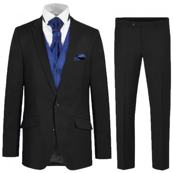 Elegant black Suit with blue barock waistcoat set - mens wedding suit set 6 pcs 100% virgin wool