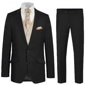 Eleganter schwarzer Anzug für den Bräutigam 6tlg - cappuccino gestreifte Hochzeitsweste - Herren Hochzeitsanzug 100% Schurwolle