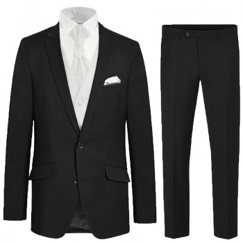 Eleganter schwarzer Anzug für den Bräutigam 6tlg - ivory gestreifte Hochzeitsweste - Herren Hochzeitsanzug 100% Schurwolle