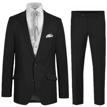 Eleganter schwarzer Anzug für den Bräutigam 6tlg - silber paisley Hochzeitsweste - Herren Hochzeitsanzug 100% Schurwolle