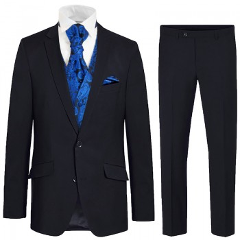 Blue wedding suit tuxedo set 6 pcs regular fit - blue paisley waistcoat - virgin wool