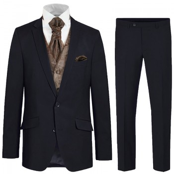 Blue wedding suit tuxedo set 6 pcs regular fit - brown paisley waistcoat - virgin wool