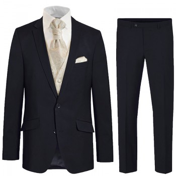 Blue wedding suit tuxedo set 6 pcs regular fit - champagne floral waistcoat - 100% virgin wool