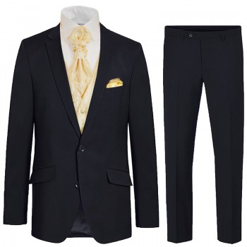 Blue wedding suit tuxedo set 6 pcs regular fit - creme gold floral waistcoat - 100% virgin wool