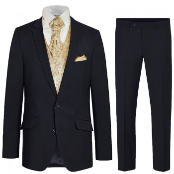 Blue wedding suit tuxedo set 6 pcs regular fit - gold paisley waistcoat - 100% virgin wool