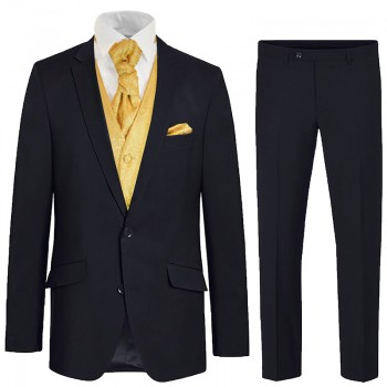 Blue wedding suit tuxedo set 6 pcs regular fit - gold baroque waistcoat - virgin wool