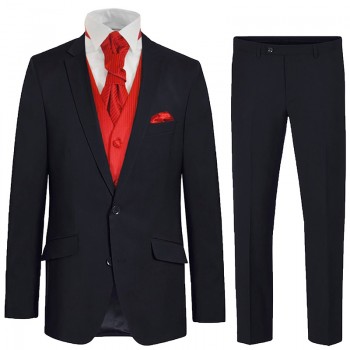 Blue wedding suit tuxedo set 6 pcs regular fit - red waistcoat - 100% virgin wool