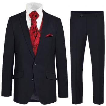 Blue wedding suit tuxedo set 6 pcs regular fit - red paisley waistcoat - virgin wool