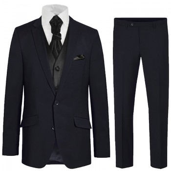 Blue wedding suit tuxedo set 6 pcs regular fit - black striped waistcoat - 100% virgin wool