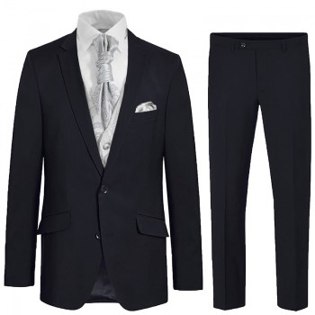 Blue wedding suit tuxedo set 6 pcs regular fit - silver grey waistcoat - 100% virgin wool
