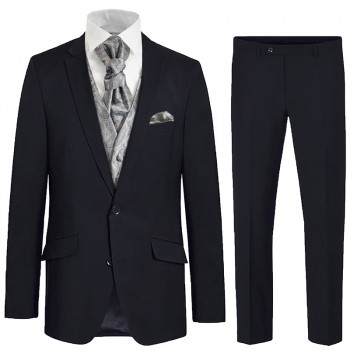 Blue wedding suit tuxedo set 6 pcs regular fit - grey paisley waistcoat - 100% virgin wool