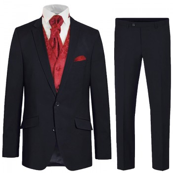 Blue wedding suit tuxedo set 6 pcs regular fit - burgundy red waistcoat - virgin wool