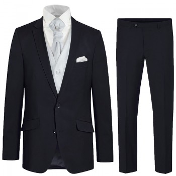 Blue wedding suit tuxedo set 6 pcs regular fit - white silver floral waistcoat - 100% virgin wool