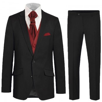 Elegant black Suit with dark red paisley waist set - Black wedding suit set 6 pcs 100% virgin wool