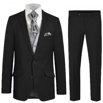 Elegant black Suit with silver grey paisley waistcoat - wedding suit set 6 pcs 100% virgin wool