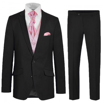 Elegant black Suit with pink paisley waistcoat set - mens wedding suit set 6 pcs 100% virgin wool