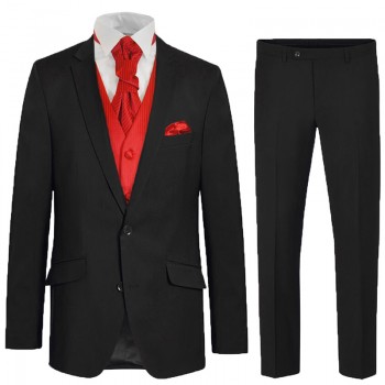 Schwarzer Hochzeitsanzug regular fit für den Bräutigam - passende rot gestreifte Hochzeitsweste