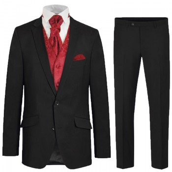 Eleganter schwarzer Anzug für den Bräutigam 6tlg - weinrot florale Hochzeitsweste - Herren Hochzeitsanzug 100% Schurwolle