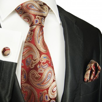 Krawatte rot gold paisley mit Einstecktuch und Manschettenknöpfe