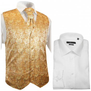 Hochzeitswesten Set 5tlg gold paisley + Modern fit Hemd weiss V16HL81