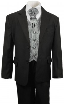 Festlicher Jungen Anzug schwarz + graues Westenset KA25+KV30-Plastron 5tlg